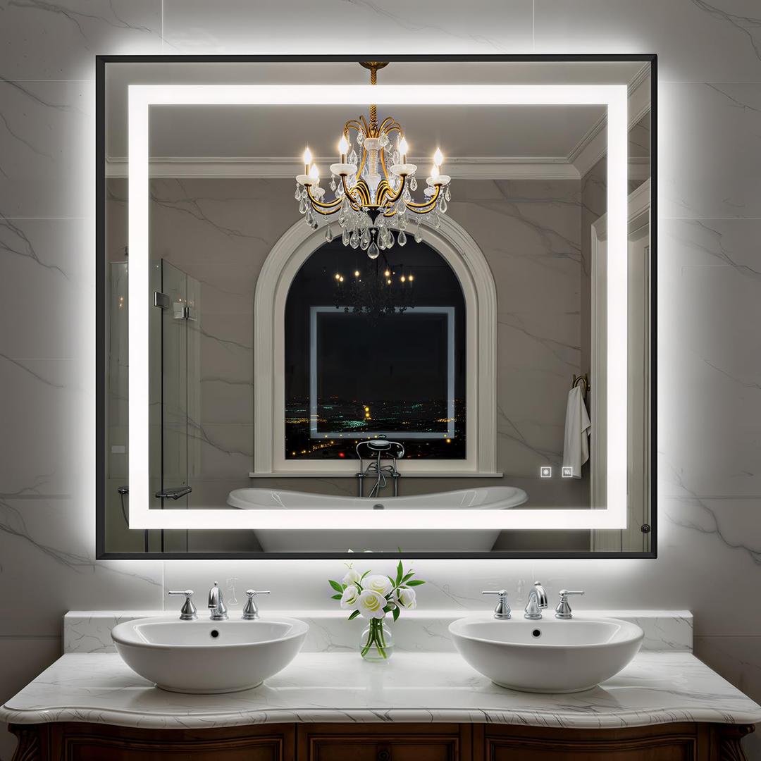 SHUAFA 36X36 Inch LED Bathroom Mirror with Lights, Black Frame Frontlit+ Backlit Bathroom Vanity Mirror for Wall, Ultra-Clear Tempered Glass, Shatter-Proof, Anti-Fog and Memory Function, ETL Listed
