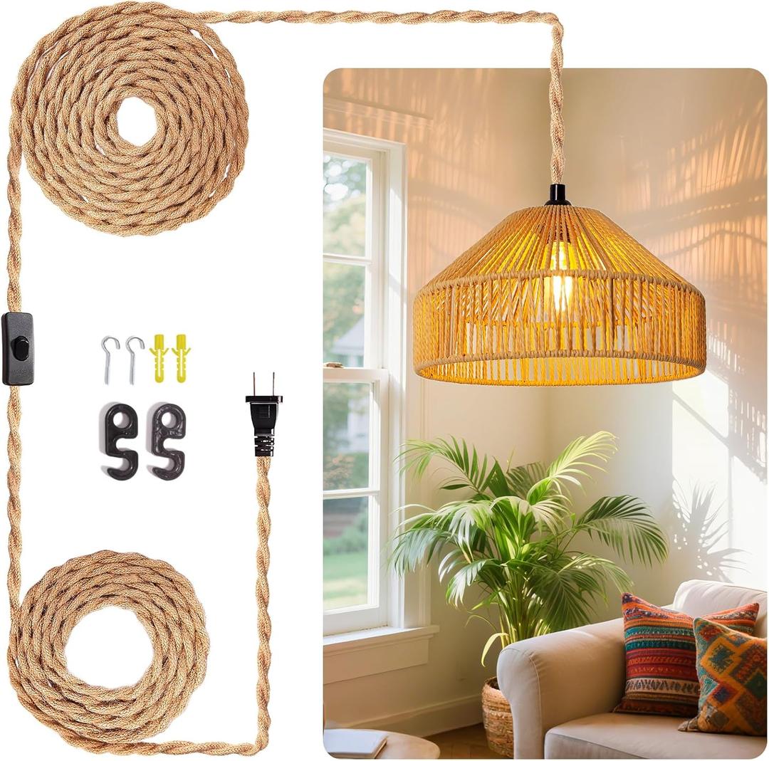 Hanging Lamps Rattan Pendant Light Hanging Lights 16.4ft Plug in Cord Pendant Light Fixture Plug Into Wall Outlet Pendant Lighting with On Off Switch for Bedroom Living (Mongolian Yurt)
