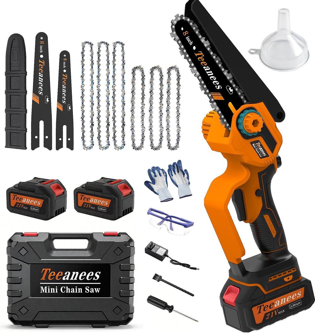 8" Mini Chainsaw Cordless, 1200W Brushless Electric Chain Saw with 2x 4000mAh Batteries & 6 Chains, 2-in-1 Dual Bar (8" & 6") Battery Powered Chainsaw, for Tree Trimming (Orange)