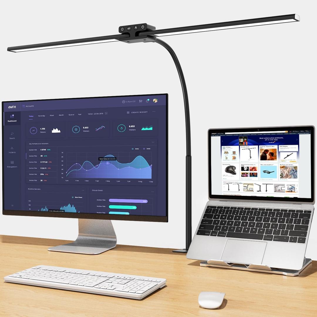 EppieBasic Desk Lamp,24W Led Desk Lamps with Clamp,Double Head Desk Light for Home Office, Architect Desktop Lamp Eye Care Workbench Office Table Light for Monitor Studio Reading