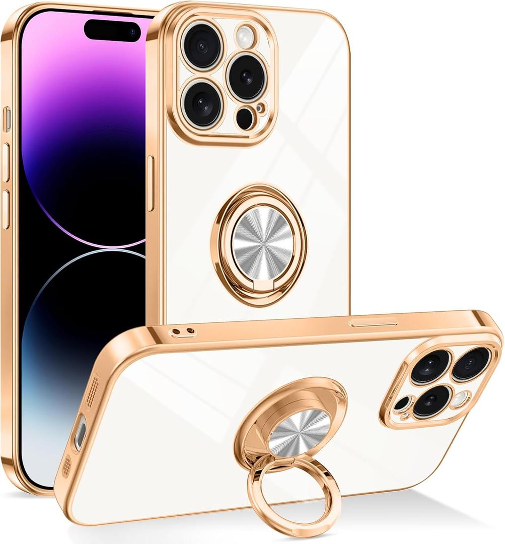 Dinick Designed for iPhone 14 Pro Case with Ring Holder Soft TPU Bumper Glitter Plated Slim Cover for Women Men Finger Stand for iPhone 14 Pro Case White and Gold