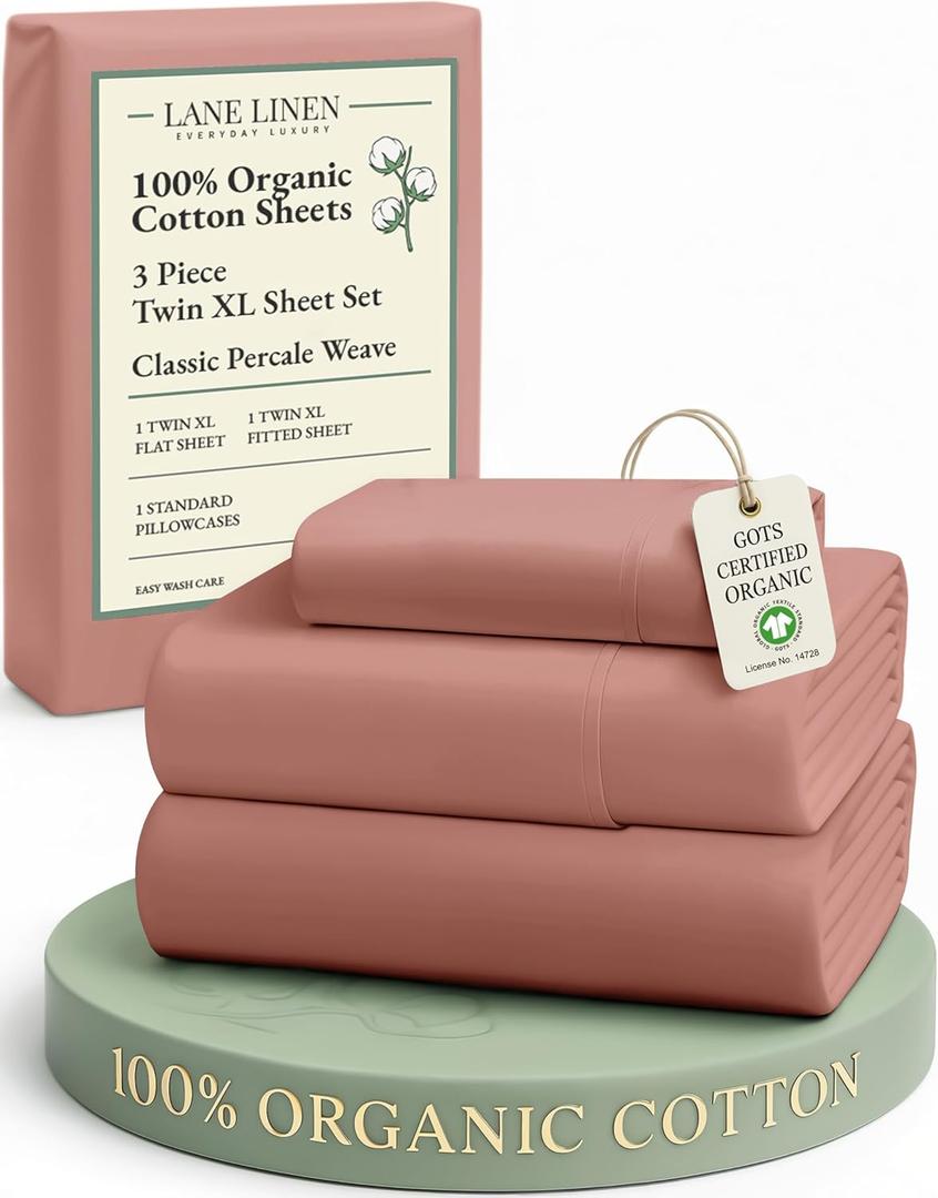 LANE LINEN 100% Organic Cotton Twin XL Sheets Set, 3-Piece Pure Organic Cotton Percale Sheets, Cotton Bedsheets, Ultra Soft Bedding Sheets, Breathable, Fits Mattress Upto 15" Deep - Rose Dawn