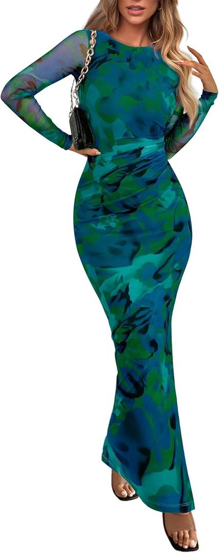 PRETTYGARDEN Women's Bodycon Maxi Dress Fall Spring Fashion Long Sleeve Floral Print Tight Fitted Party Club Ruched Dresses (Medium, Green)