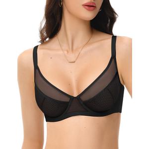 Amafuur Minimizer Bra Sexy Unlined Sheer Mesh Balconette Plunge Underwire Bras for Women Black 44D