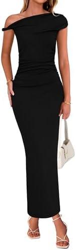 BTFBM Women's Formal Cocktail Dresses Fall 2025 One Shoulder Twist Strap Ruched Bodycon Elegant Wedding Party Maxi Dress, Medium, Black 