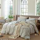 MooMee Striped Duvet Cover Set 100% Washed Cotton Linen Like Textured Breathable Durable Soft Comfy (Sage Green White Classic Stripes, King 104"x90")