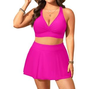 Women's Plus Size High Waisted Bikini - Two Piece Swimsuit with Skirt 2025 Tummy Control Bathing Suit with Pocket, 18W, Hot Pink 