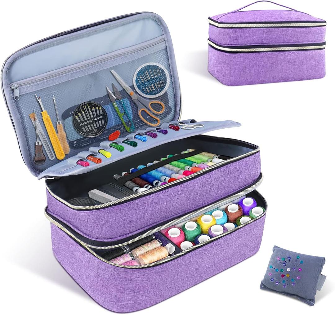 Sewing Organizer Bag - 11.5"x8"x6" Double-Layer Sewing Box with Storage for Scissors, Thread, Pins, Needles, Clips (Purple)