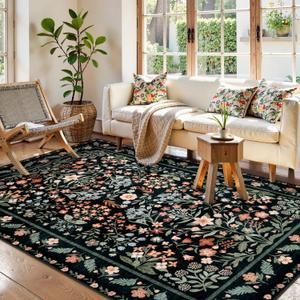 LEEVAN Floral 5x7 Area Rugs for Bedroom, Washable Boho Living Room Rug Non Slip, Vintage Soft Stain Resistant Dining Room Mat, Ultra Thin Floor Carpet for Office(Black)