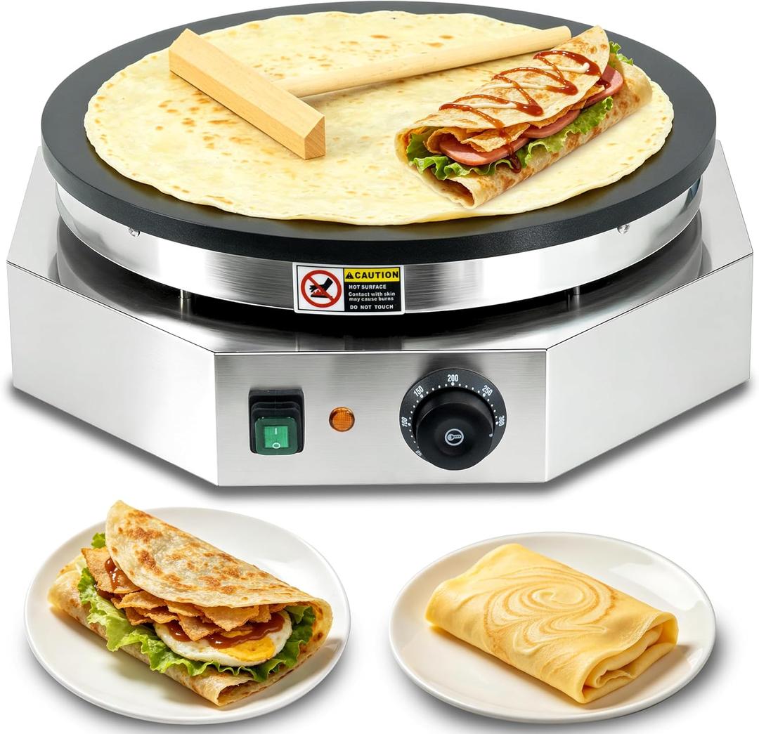 3000W Commercial Crepe Maker, 16" Non-Stick Electric Griddle with 0-300℃ Adjustable Temperature, Stainless Steel Pancake & Jianbing Machine with Wooden Spreader for Home, Snack Bar & Food Stall