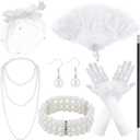 Xaatren Tea Party Costume Accessories Set Black Funeral Hat with Veil Fan and Satin Gloves for Halloween Women Costume (White)