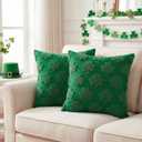 St Patricks Day Embroidery Decorative Throw Pillow Covers 18 x 18 Set of 2, Lucky Shamrock Clover Tufted Porch Outdoor Home Decor, Irish Spring Plush Faux Fur Jacquard Sofa Couch Cushion Case (Green)