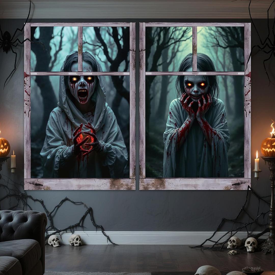 2 Pcs Scary Ghost Halloween Curtains Banner, Window Silhouette Blood Door Cover Horror Poster Spooky Backdrop for Windows Wall Living Room Indoor Outdoor Halloween Party Decor Props