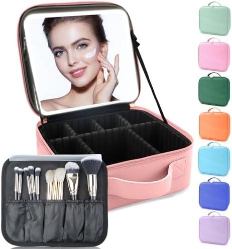 SUILU Makeup Bag with Led Mirror,with 3 Color Setting,Portable Storage and Adjustable Dividers Travel Makeup Bag, for Women and Makeup Artists Large Vanity Makeup Cases-Pink