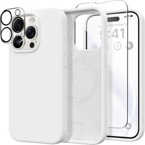 GONEZ Magnetic for iPhone 15 Pro Case, Compatible with MagSafe, [Screen Protector + Camera Lens Protector], Silicone Shockproof Anti-Scratch Protective Phone Case 6.1 inch, White