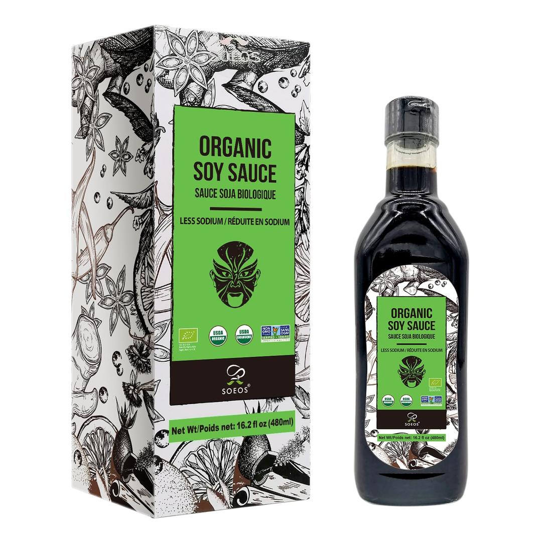Soeos Organic Low Sodium Soy Sauce 16.2oz (480ml), USDA Organic, Naturally Brewed Soy Sauce, Soy Sauce Organic, Dark Soy Sauce, Pure Ingredients, Marinade for Meat & Vegetables., Black, Best By: 06/2028