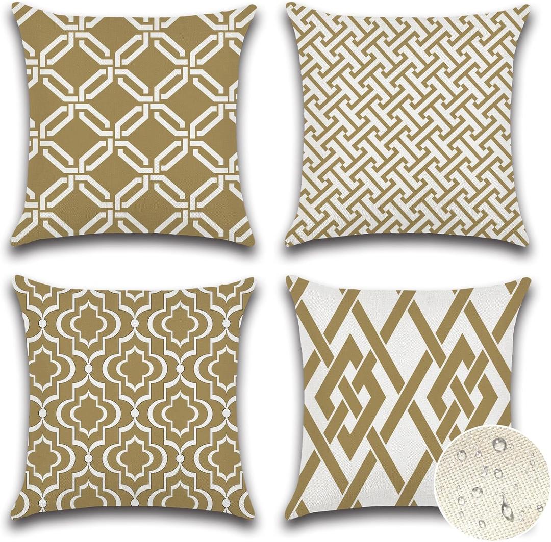 2 x OTOSTAR Set of 4 Waterproof Throw Pillow Covers 16x16 Inch Farmhouse Geometric Square Pillow Cases for Couch Patio Furniture Balcony Garden Outdoor DecorationGeometry40-Khaki