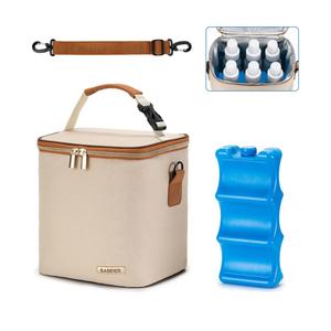 Breastmilk Cooler Bag with Ice Pack Fits 6 Baby Bottles Up to 9 Ounce, Baby Bottle Bag with Shoulder Strap for Nursing Mom Daycare, Cream