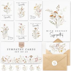 24 Pcs Bulk Sympathy Cards with Envelopes, Condolence Cards with 6 Designs | Quality Materials with Thoughtful Messages Inside| 6 Watercolor-style Designs Evoke an Elegant and Poetic Ambiance
