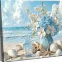 Beach Bathroom Canvas Wall Art Coastal Floral Wall Decor Picture Ocean Theme Seascape Seashell Starfish Poster Print for Bathroom Bedroom Living Room 16x24in