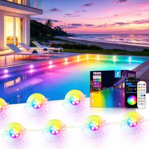 AHAWILL 150FT RGB Pool Lights for Inground & Above Ground Pools,Plug-in Light Strip with IP68 Waterproof,App & Remote Control, 44+ Modes & Music Sync, 16M Colors for Large Swimming Pools Decor