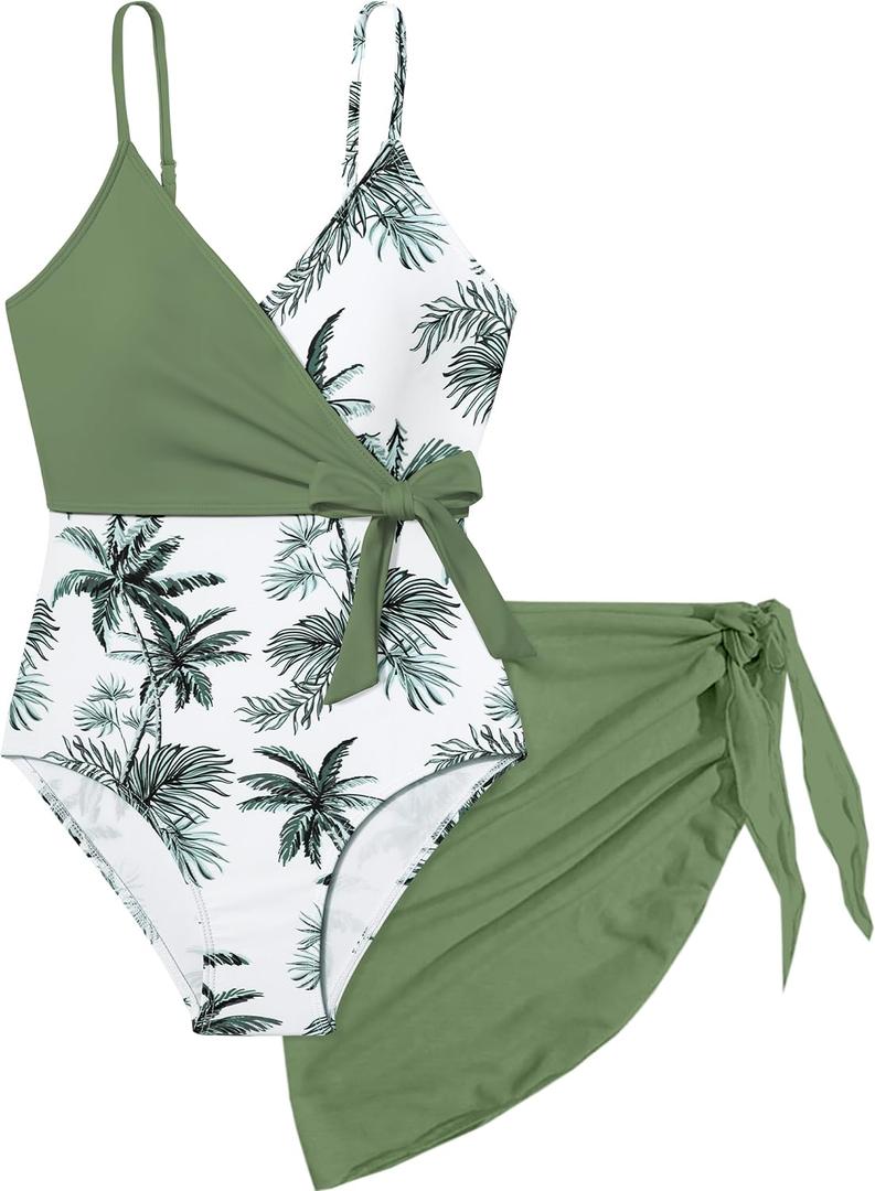 Girls Swimsuit One Piece Bathing Suit Tropical Floral with Adjustable Straps Girls'Swimwear with Cover Up 9-16T (15-16 Years, White+green)