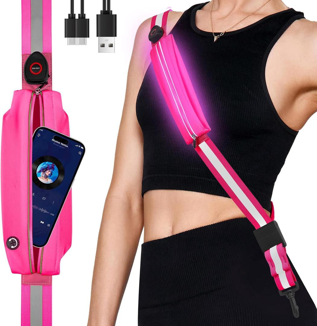 LED Reflective Belt Sash - 5 Lights Colors & 3 Light Modes High Visibility Night Safety Belt, Rechargeable Light Up Running Gear Adjustable Vest Straps for Runners Walkers Men Women (Pink)