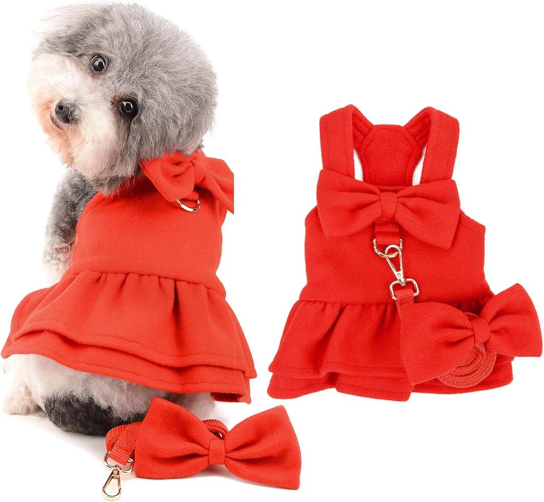 Ranphy Pet Red Bowknot Winter Dress for Small Dogs Girlsl Woolen Coat with Leash and D-Ring Cats Puppy Warm Clothes Birthday New Years Christmas Party,Red,S