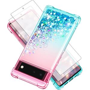 For Pixel 6 Case with Screen Protector*2, Clear Liquid Sparkle Glitter Floating Quicksand Phone Case, Soft TPU Bumper Shockproof Protective, Pixel 6 Phone Case for Women Girls,Pink/Blue