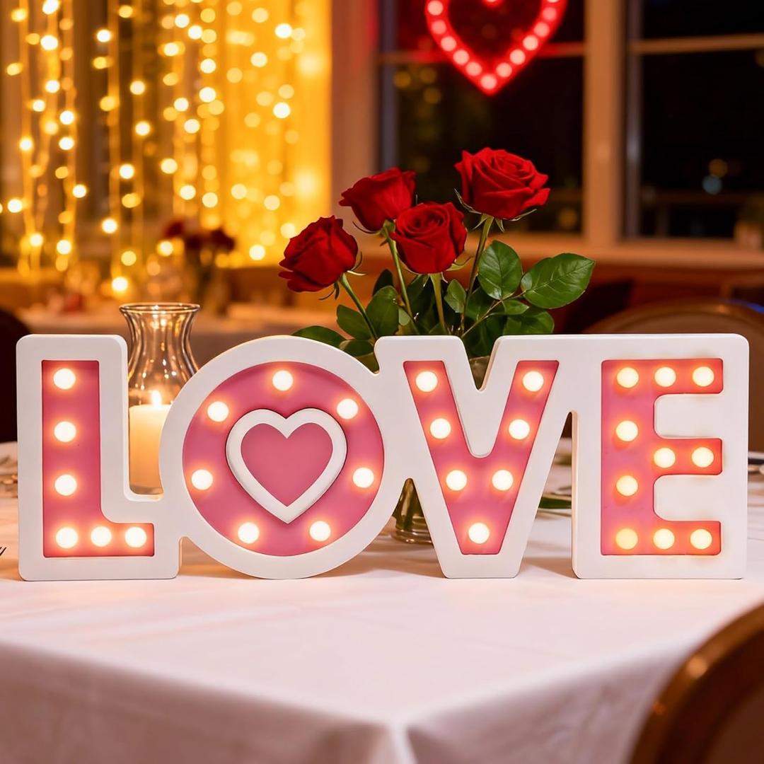 CRCZK Light UP Valentine's Day Wooden Love Sign, Valentines Day Love Letters Table Centerpieces, Sturdy Galentine's Day LOVE Sign, Valentine Decorations for Home Shelf Mantel Fireplace Tabletop, Party Supply