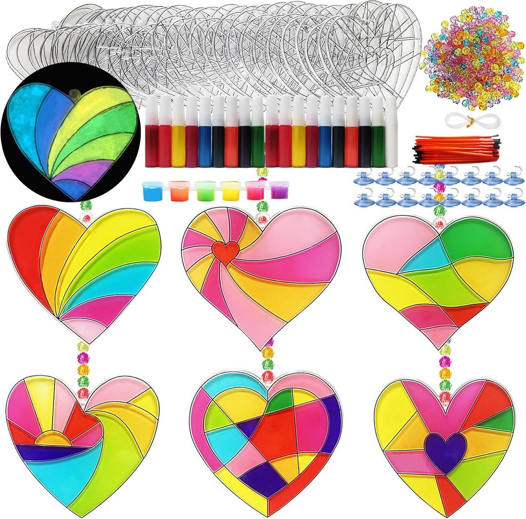 Ayhuhra 30 Sets Valentines Heart Suncatchers for Windows Glow in The Dark Valentines DIY Window Paint Art Suncatchers for Valentine's Day Gift Exchange Mother's Day Art Craft Party Supplies