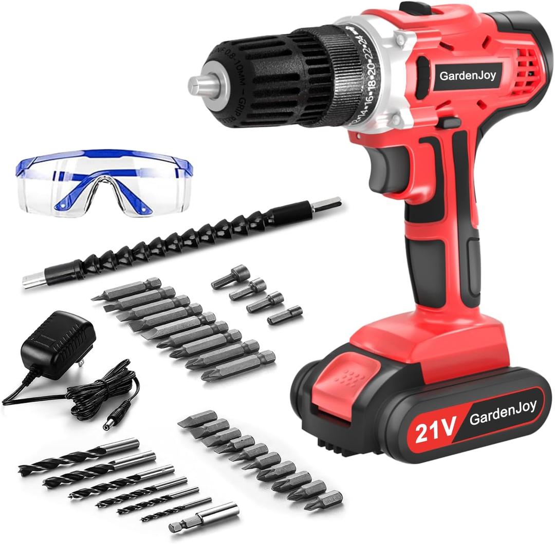 21V Power Drill Cordless Tool Kit Set, Electric Screwdriver Cordless Drill with Battery and Charger for Men Home, 3/8-Inch Keyless Chuck, Variable Speed, 24+1 Torque Setting with LED(Red)