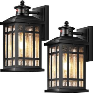 Motion Sensor Outdoor Light Adjustable Sensing Range, 2 Pack Black Dusk to Dawn Exterior Lighting Fixtures with Seed Glass, Aluminum Anti-Rust Outside Lights for House Garage Doorway Garden