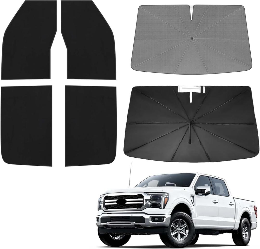 KUST Windshield Sun Shade Umbrella for Ford F150 Hybrid 2021 2022 2023 2024 2025 2026 Rear Window Shades 100% UV Protection and Blackout Privacy 5PCS Car Window Covers Accessories