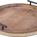 16 Inch Coffee Table Tray for Living Room, Beaded Round Wood Decorative Tray with Handles, Farmhouse Circle Trays for Kitchen Island Decor, Rustic Coffee Table Centerpiece Decor
