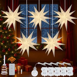 YPGFDZYDHH 5 Pack 18" Moravian Star Outdoor Light, Moravian Star Christmas Tree Topper Lighted Battery Operated, Remote Control Hanging Outdoor Star Light for Advent Courtyard, Porch-White Cutout