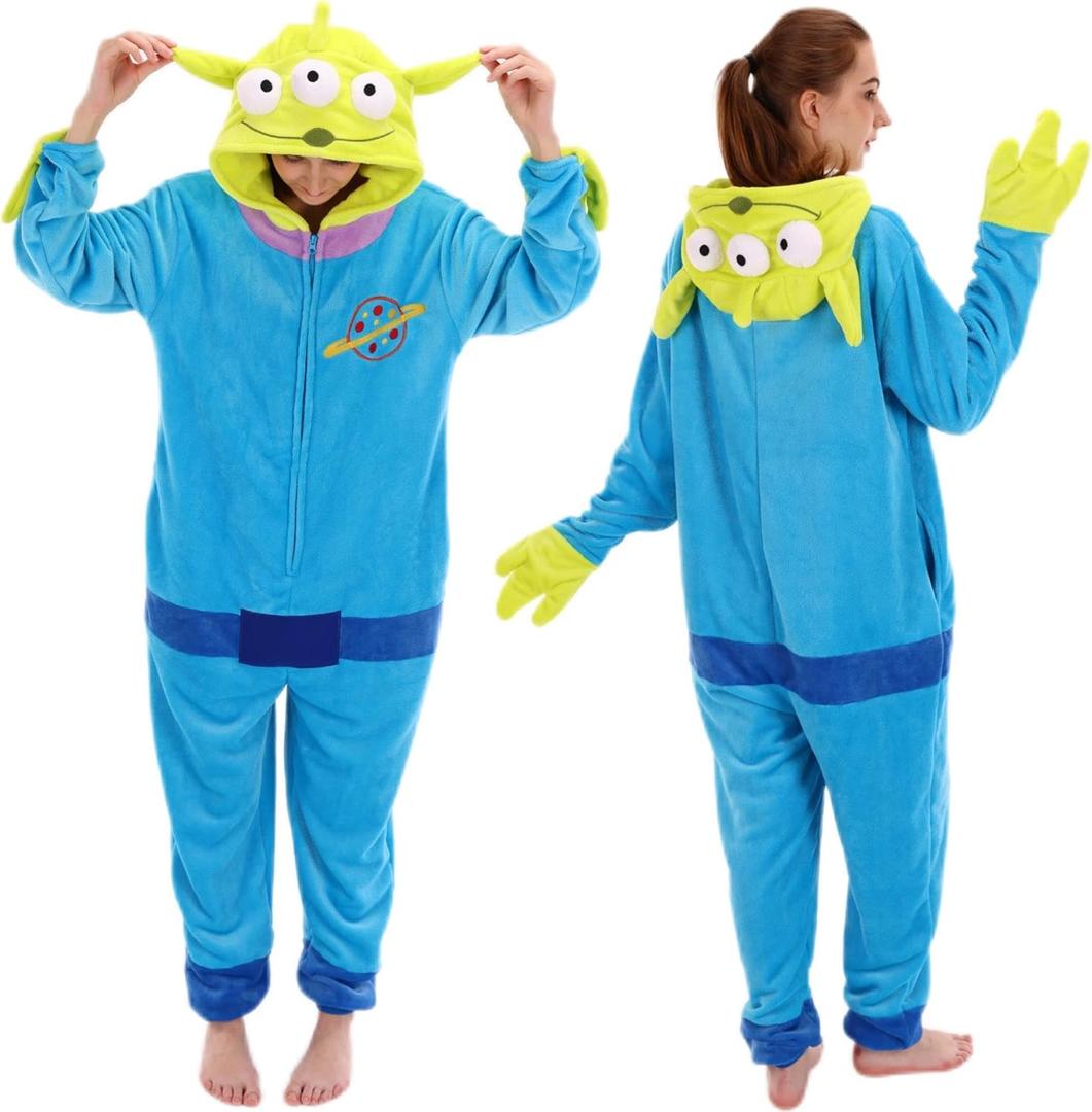 COSUSKET Snug Fit Unisex Adult Onesie Pajamas, Flannel Cosplay Animal One Piece Halloween Costume Sleepwear Home wear (Green/Blue)