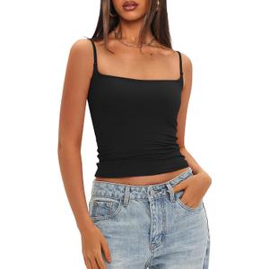 Darong Women Double Lined Square Neck Tank Top Adjustable Spaghetti Straps Basic Cami Shirt Built in Bra 9202 Black L (Black, L)
