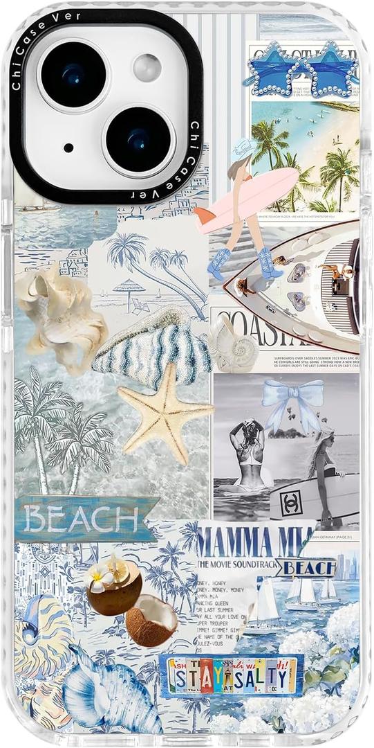 for iPhone 13 mini Case, Nostalgic Beach Collage, Military-Grade Drop Protection, Coastal Soft Slim TPU Protective Cover with Camera Protection for Women & Girls