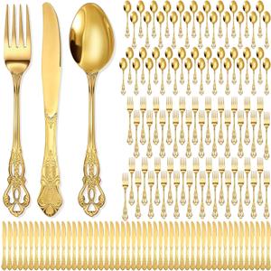 Dandat 150 Pieces Retro Royal Gold Silverware Set Gorgeous Stainless Steel Flatware Cutlery Service Include Fork Spoon Knife Vintage Hollow Relief Design for Home, Restaurant, Festival Parties (Large)