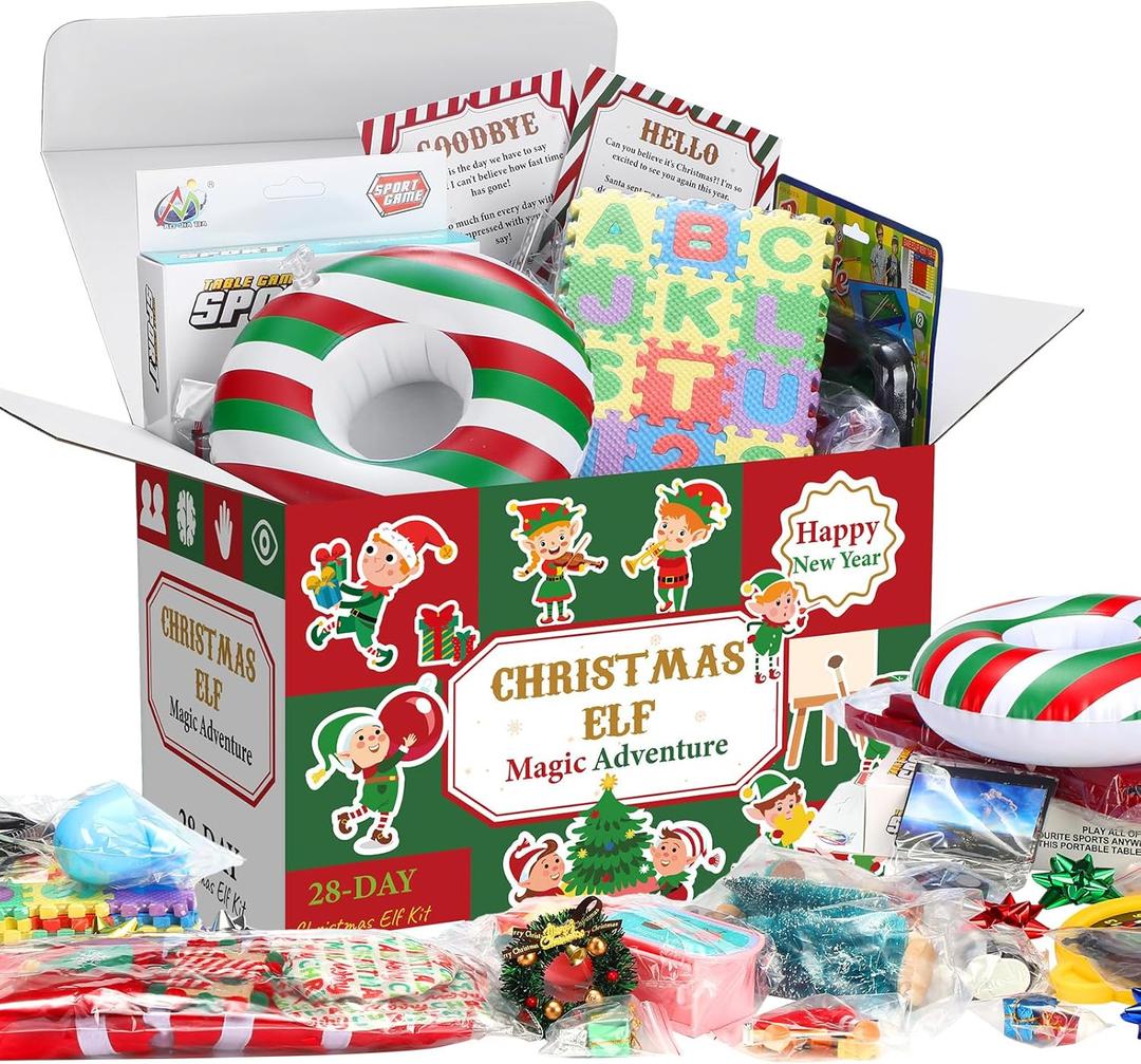 Elf Kit 24+4 Days of Christmas 2025, 28 Days of Elf Magic Kit, Holiday Advent Calendar, Xmas Countdown Box Include Daily Elves Scene Prop, Card Accessories for Christmas Decor(Stripe)