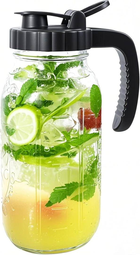 Glass Mason Jars Pitcher With Spout Lids 2 Quart Airtight Breastmilk Pitcher For Fridge Half Gallon Wide Mouth Water Jugs 64 Oz With Top Flip Cap for Cold Coffee, Ice Sun Tea,Lemonade Leakproof (Black)