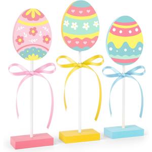 3 Pieces Easter Table Decorations, Wooden Eggs Signs, Colorful Easter Tiered Tray Decor for Home Kitchen Decorations (Eggs)