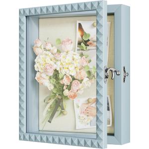 SZQINJI Shadow Box Frame 8x10 Shadow Box Small Deep Shadow Boxes Display Cases with Front Opening Vintage Lock Diamond Shape Door for Pet Memorial Keepsakes Wedding Flower Baby Graduation Blue