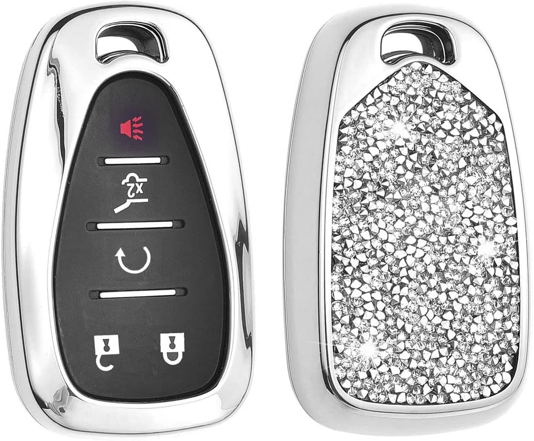 Royalfox 3 4 5 6 Buttons 3D Bling Diamond Rhinestones Girly Smart Remote Key Fob Case Cover for 2016 2017 2018 2019 2020 2021 2022 Chevy Chevrolet Malibu Camaro Cruze Traverse (Silver)