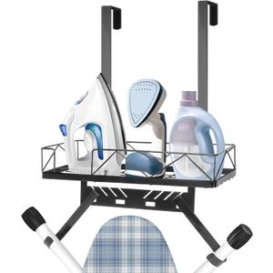 Ironing Board Hanger, Metal Over The Door or Wall Mounted Ironing Board Caddy, Ironing Board Storage Shelf with Adjustable Hooks for Laundry Room, Living Room, Bathroom (Matte Black)