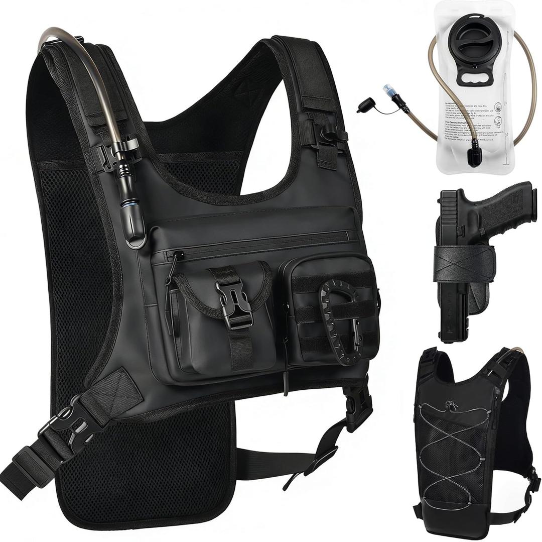 Hydration Running Vest Backpack with 2L Water Bladder - Lightweight & Reflective Chest Pack, Includes Tactical Gun Holster & Free Carabiner for Hiking, Running, Cycling, Marathon (Men & Women)