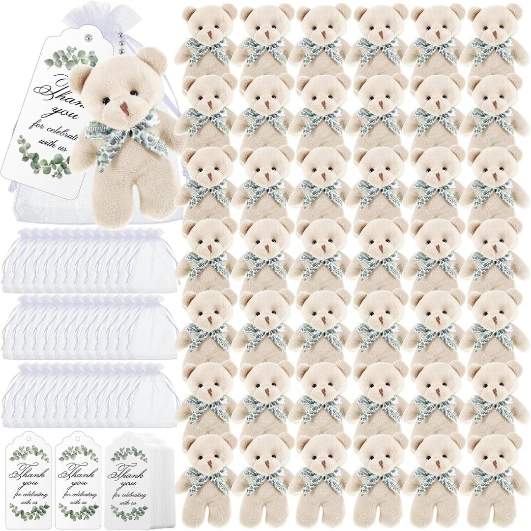 Wettarn 50 Sets Small Tiny Plush Bear Bulk 4.72 Inch Mini Stuffed Animals Small Bear Party Favors with Thank You Tags and Mesh Bags for DIY Keychain Birthday(White)