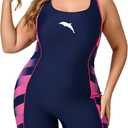 Halcurt Women's Plus Size Athletic One Piece Swimsuit 5" Inseam Boyleg Modest Full Coverage Sport Bathing Suit (1X, Navy/Pink Striped)