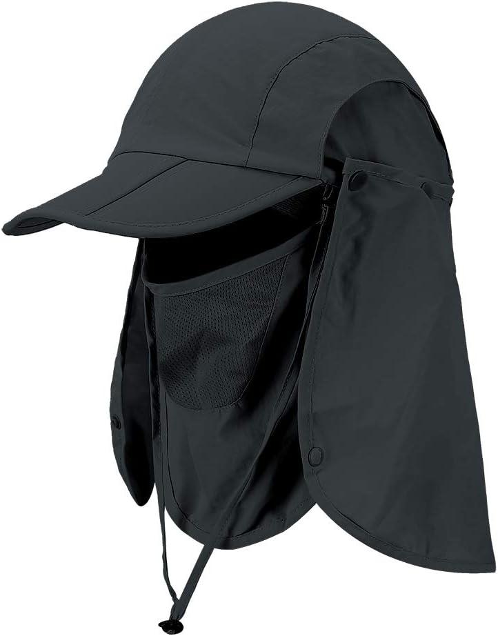 Foldable Sun Cap, Fishing Hats, UPF 50+ Protection Caps with Face Mask Neck Flap (One Size, Black)